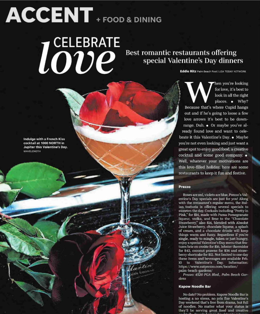 Article: Celebrate Love - Best Romantic Restaurants offering special Valentine's Day dinners Palm Beach Post, February 2022